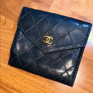 Authentic Chanel Black Diamond Design Wallet with Double Gold Logo